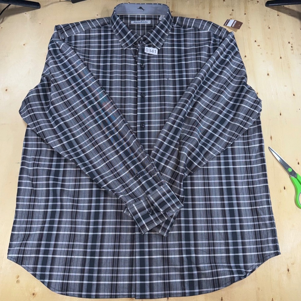 Tommy Bahama Mens XL Black Gray Plaid Silk Cotton Long Sleeve Button Up Shirt - Picture 4 of 8